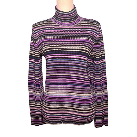Vintage 90s Jones NY Size XL Purple Stripe Turtleneck Sweater Cotton Y2K - Picture 1 of 10